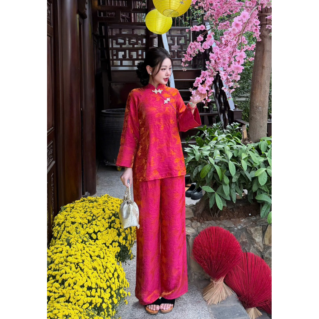 Pháp Phục Đi Chùa Thuỷ An, Vải Tằm Tencel Cổ Tàu Phối Chéo Khuy Ngọc Trai