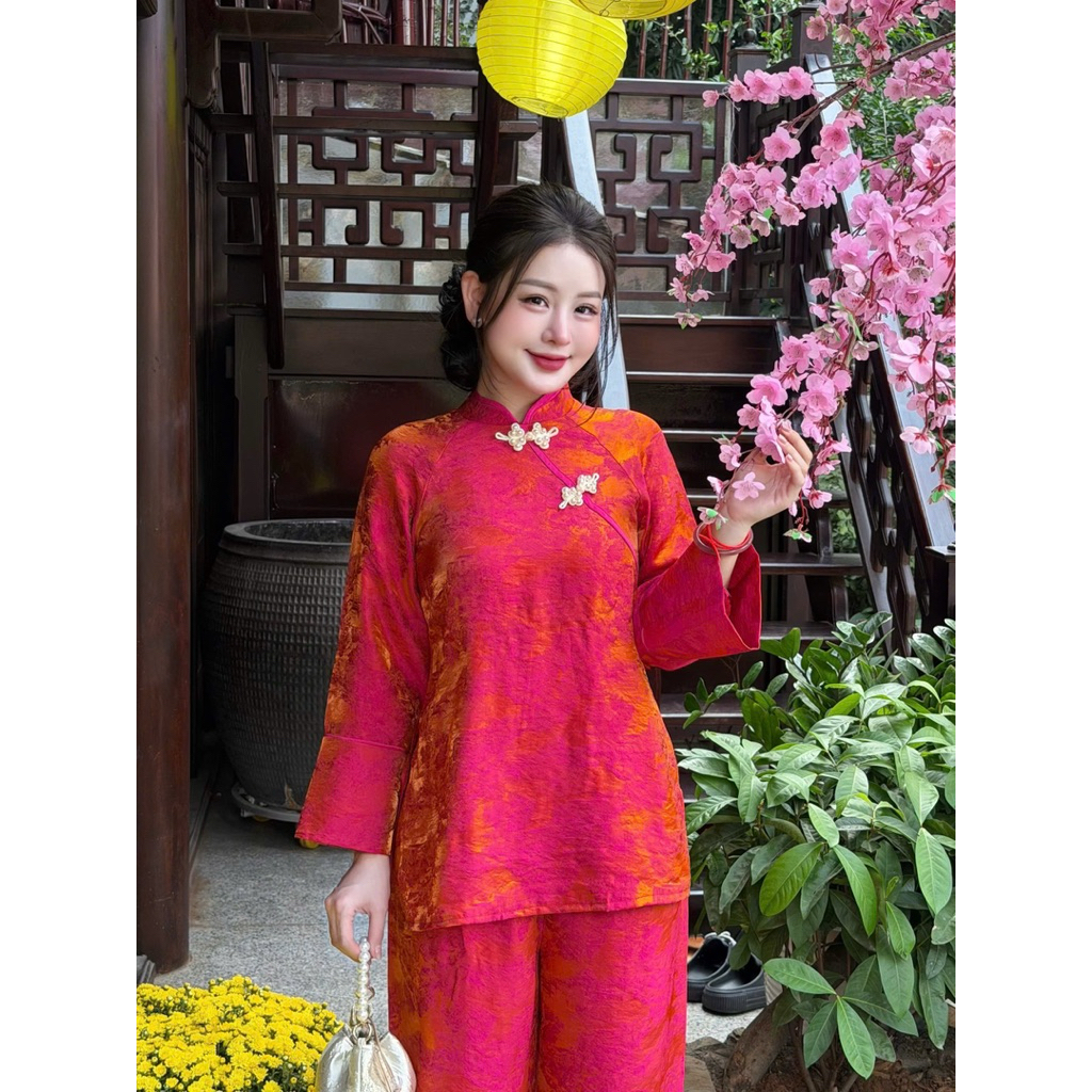 Pháp Phục Đi Chùa Thuỷ An, Vải Tằm Tencel Cổ Tàu Phối Chéo Khuy Ngọc Trai