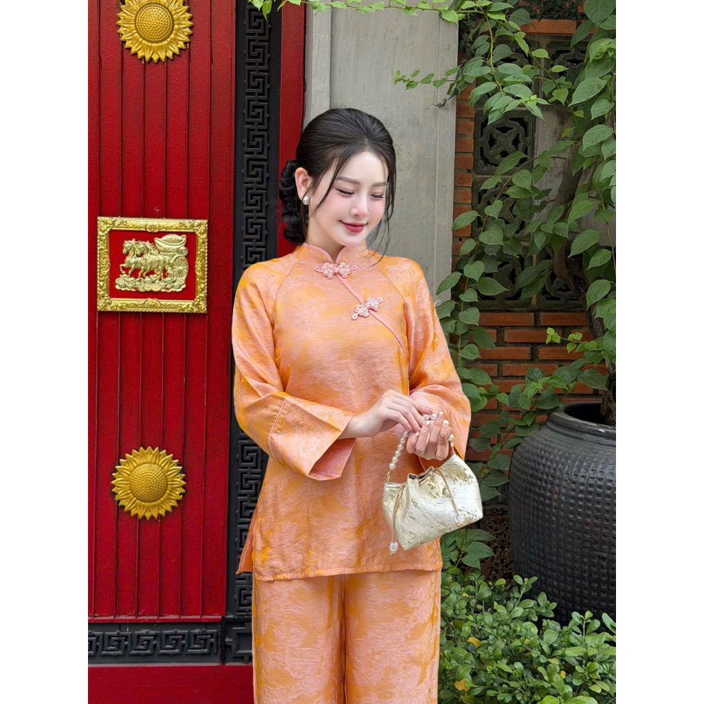 Pháp Phục Đi Chùa Thuỷ An, Vải Tằm Tencel Cổ Tàu Phối Chéo Khuy Ngọc Trai