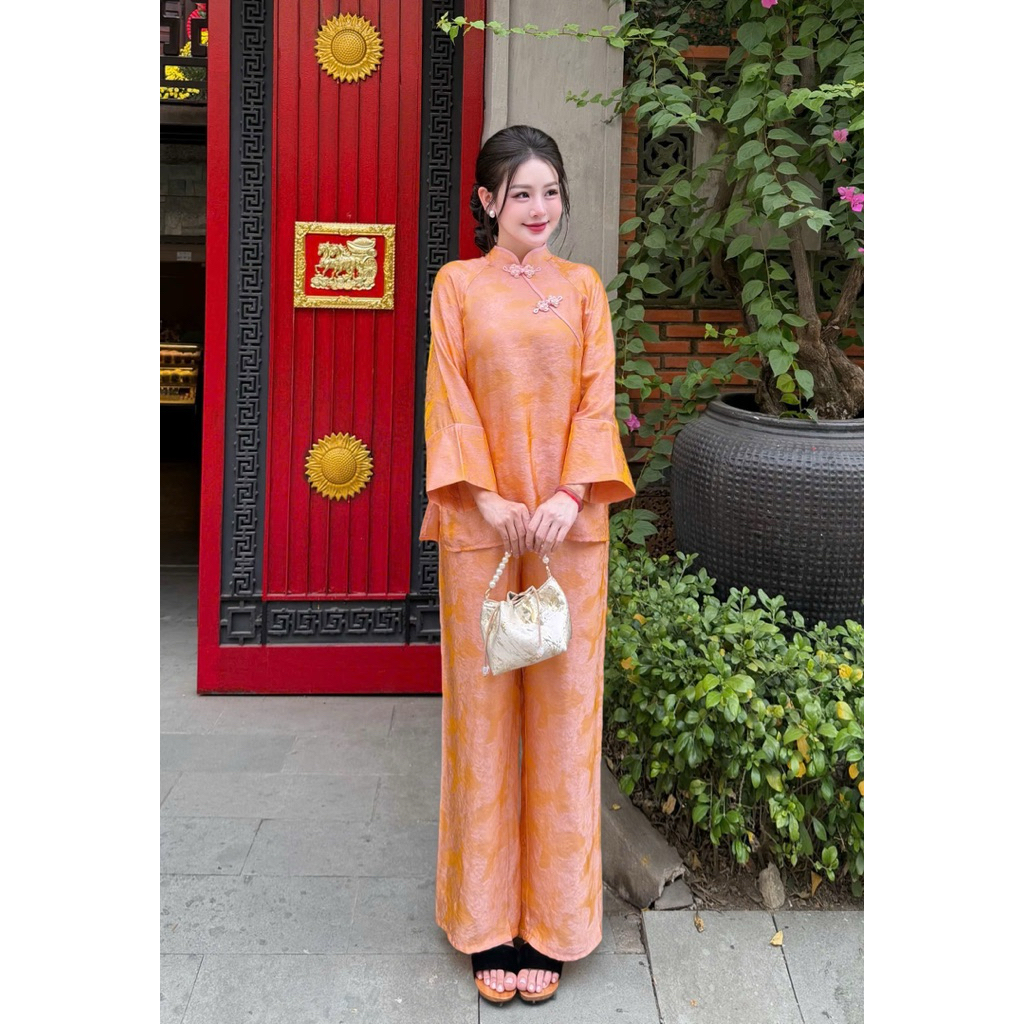 Pháp Phục Đi Chùa Thuỷ An, Vải Tằm Tencel Cổ Tàu Phối Chéo Khuy Ngọc Trai