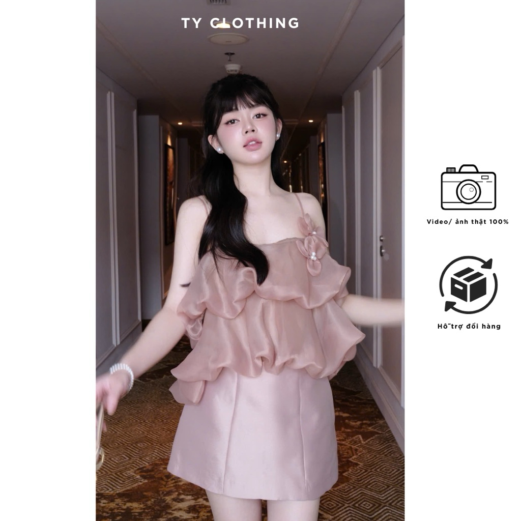 [ TY CLOTHING ] Set áo bèo tơ hoa cài Tiểu Thư Sang Chảnh - Hàng thiết kế - Màu Nâu- TY CLOTHING