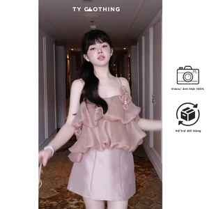 Set áo bèo tơ hoa cài - Hàng thiết kế - màu nâu - TY CLOTHING