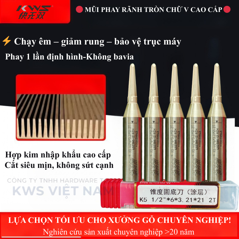 Mũi Soi Rãnh Router Bit KWS Phủ Titanium – Mũi Phay Chữ V Cung Tròn Cắt MDF Plywood Gỗ Công Nghiệp