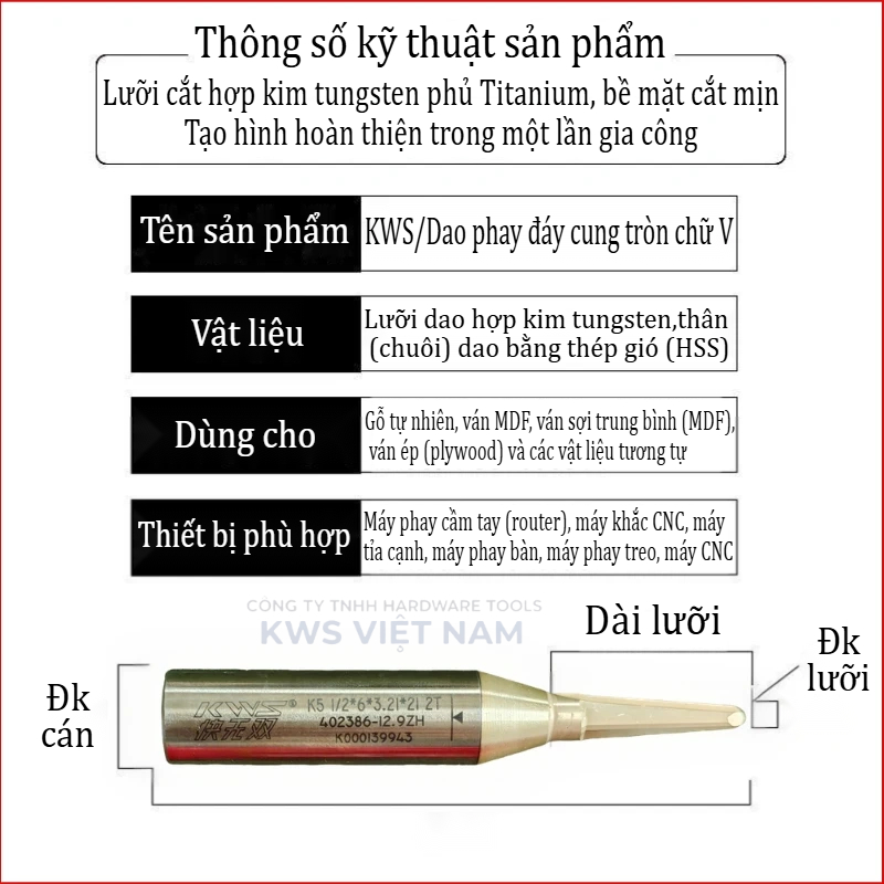 Mũi Soi Rãnh Router Bit KWS Phủ Titanium – Mũi Phay Chữ V Cung Tròn Cắt MDF Plywood Gỗ Công Nghiệp