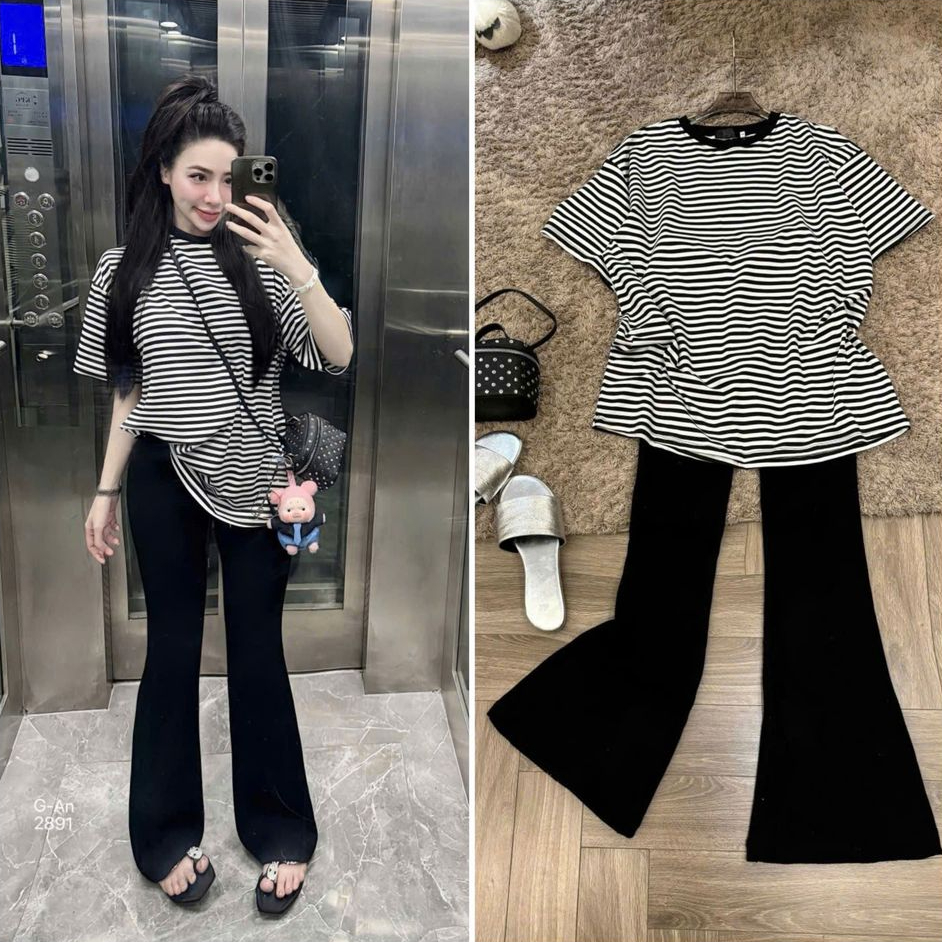 Sét Bộ Nữ Thời Trang Basic Phối Kẻ Vằn Đen Trắng Cộc Tay Mix Quần Dài Trơn Ống Loe Dễ Thương Chất Cotton Mềm