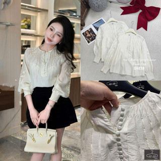 Áo sơ mi thô thiên tơ cổ tròn cúc bọc tay đính hoa cườm #83908
