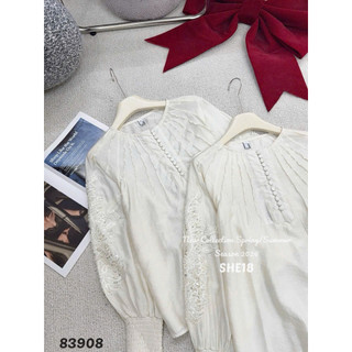 Áo sơ mi thô thiên tơ cổ tròn cúc bọc tay đính hoa cườm #83908