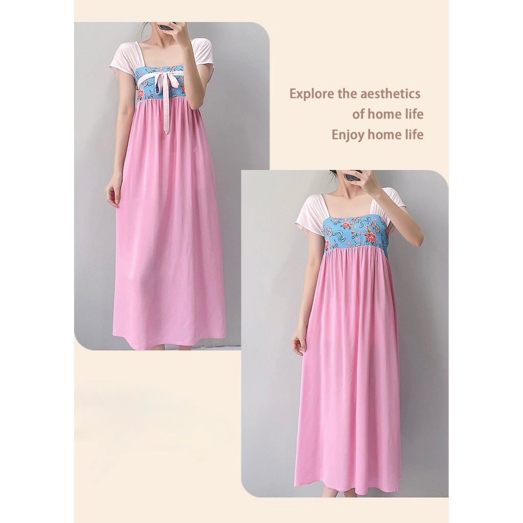 Váy Ngủ Dài Nữ Phối Họa Tiết Cổ Điển – Chất Vải Cotton Mềm Mát, Form Suông Thoải Mái