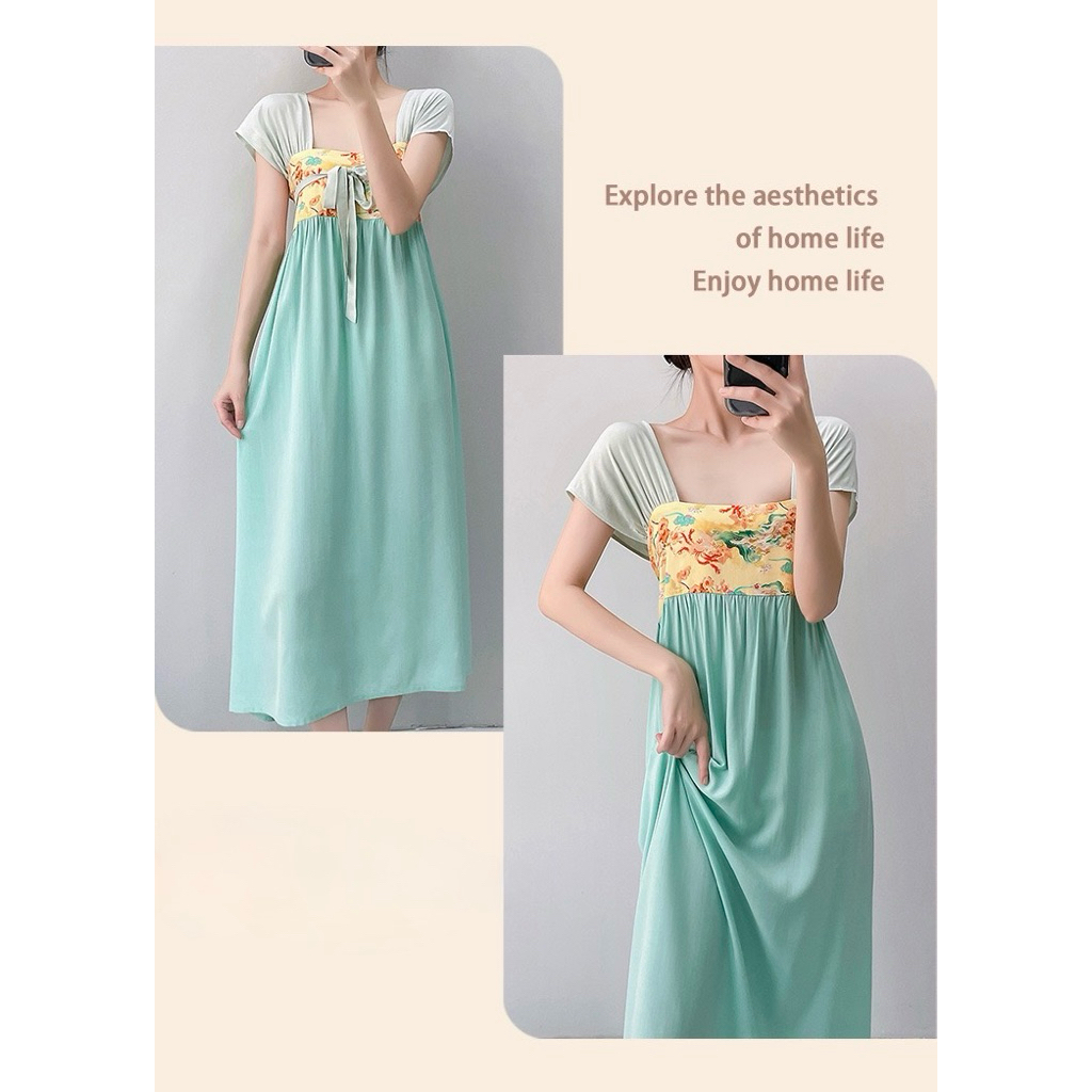Váy Ngủ Dài Nữ Phối Họa Tiết Cổ Điển – Chất Vải Cotton Mềm Mát, Form Suông Thoải Mái