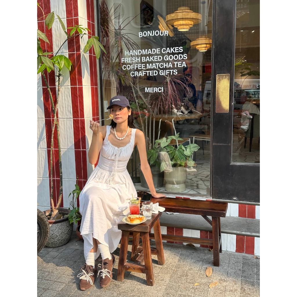 SUNDAY - CAPRI DRESS - Đầm Linen Maxi, Phối Ren Hai Dây Bản To.