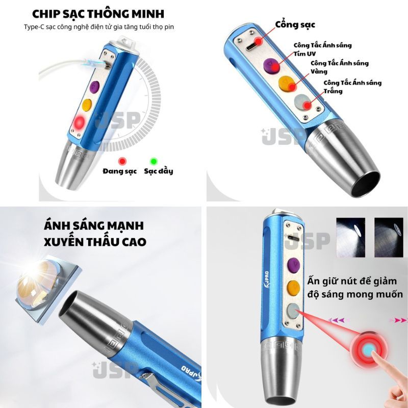 Đèn pin soi đá quy siêu sáng PRO 3 màu KIM AN PHÁT đèn soi cua tiên giấy tờ kèm dây sạc đầu thu nhỏ