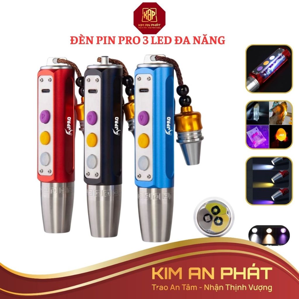 Đèn pin soi đá quy siêu sáng PRO 3 màu KIM AN PHÁT đèn soi cua tiên giấy tờ kèm dây sạc đầu thu nhỏ