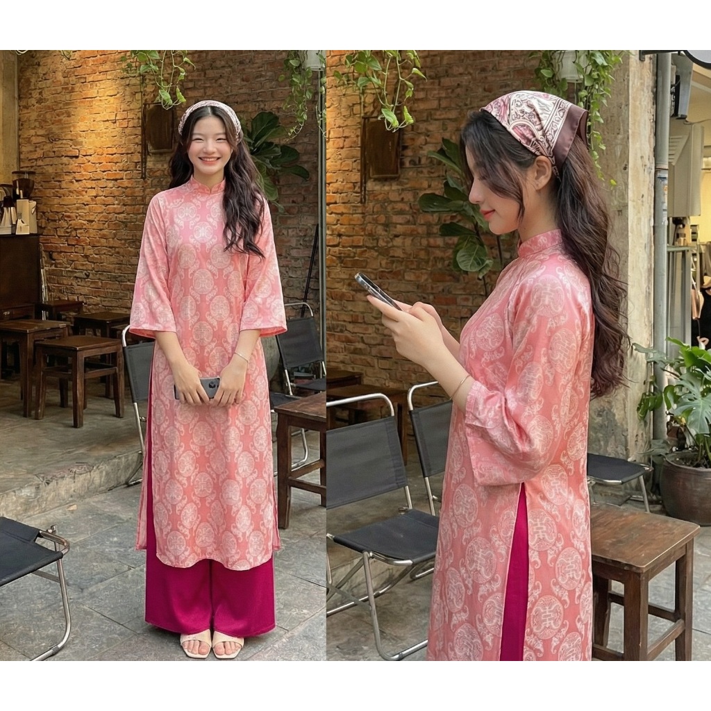 Set Áo dài cách tân gấm thọ dáng suông tay lỡ cổ cao basic nhiều màu+Quần ống rộng lụa mỹ truyền thống mặc Lễ Tết T1455G