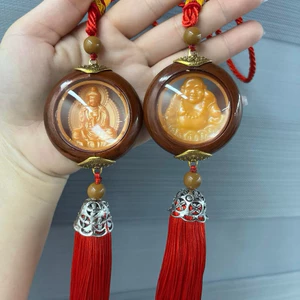 Dây Treo Xe Hơi Phật Bà Quan Âm & Tượng Di Lặc Phong Thủy May Mắn An Toàn Vân Gỗ Rua Đỏ Trang Trí Ô Tô
