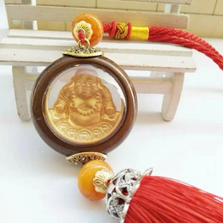 Dây Treo Xe Hơi Phật Bà Quan Âm & Tượng Di Lặc Phong Thủy May Mắn An Toàn Vân Gỗ Rua Đỏ Trang Trí Ô Tô