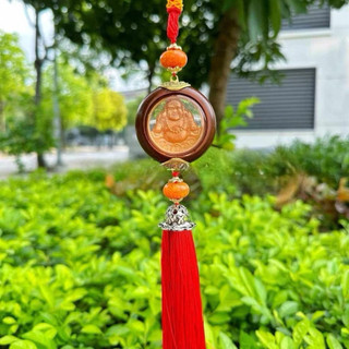 Dây Treo Xe Hơi Phật Bà Quan Âm & Tượng Di Lặc Phong Thủy May Mắn An Toàn Vân Gỗ Rua Đỏ Trang Trí Ô Tô