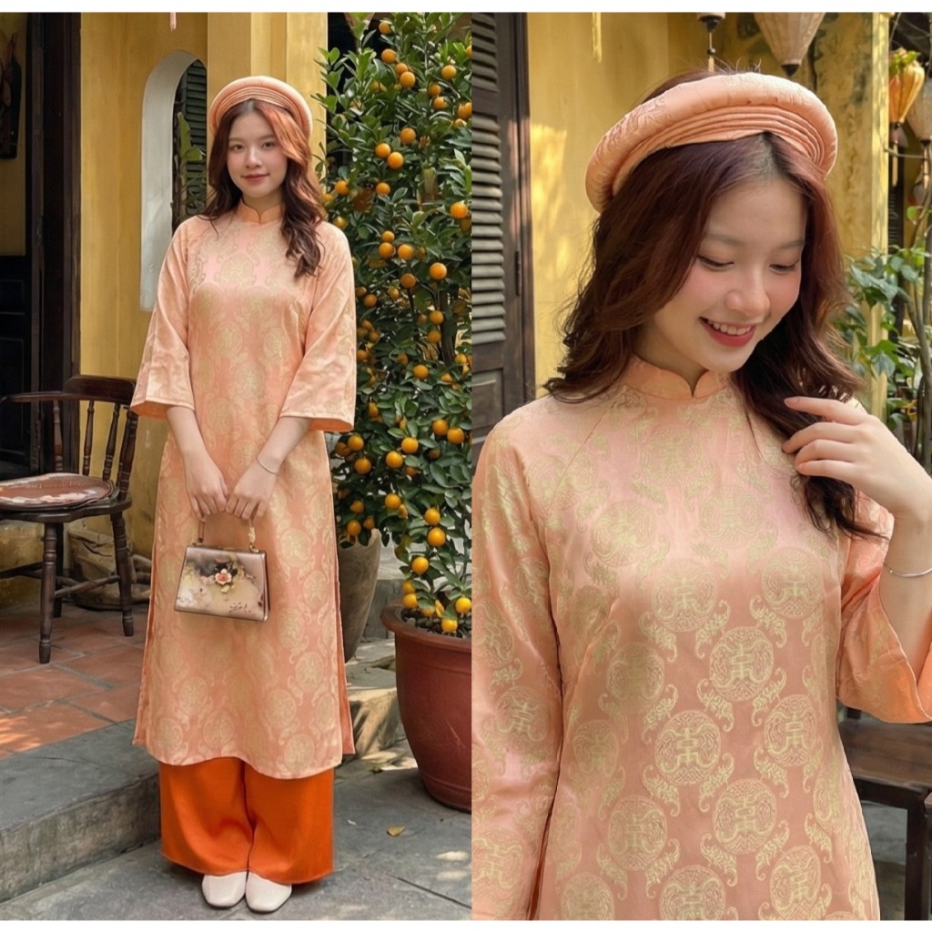 Set Áo dài cách tân gấm thọ dáng suông tay lỡ cổ cao basic nhiều màu+Quần ống rộng lụa mỹ truyền thống mặc Lễ Tết T1455G