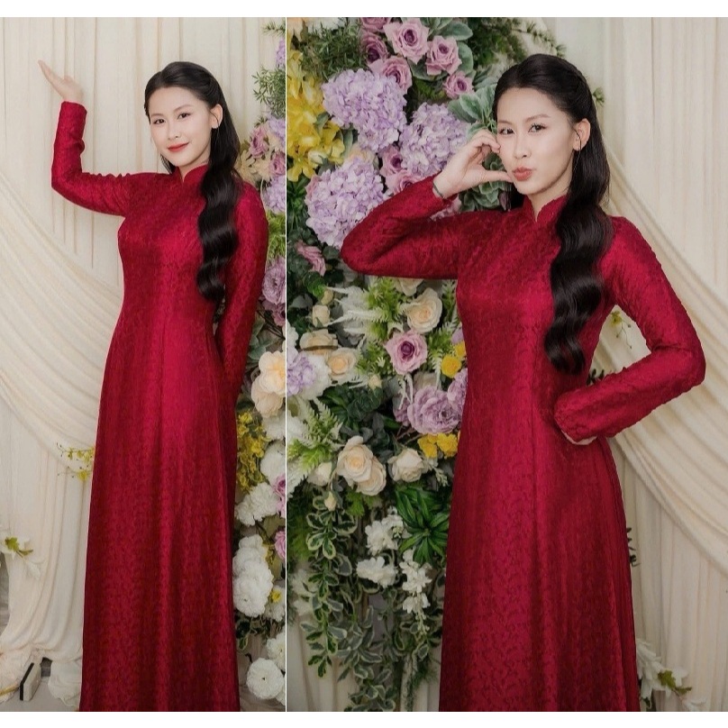 Áo Dài Nữ Dáng Ôm Cao Cổ Dài Tay Truyền Thống Tôn Dáng + Quần Dài Ống Rộng Lễ Tết Ăn Hỏi Cưới T1488G