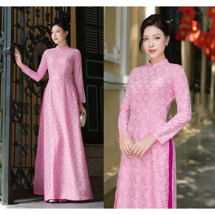Áo Dài Nữ Dáng Ôm Cao Cổ Dài Tay Truyền Thống Tôn Dáng + Quần Dài Ống Rộng Lễ Tết Ăn Hỏi Cưới T1488G