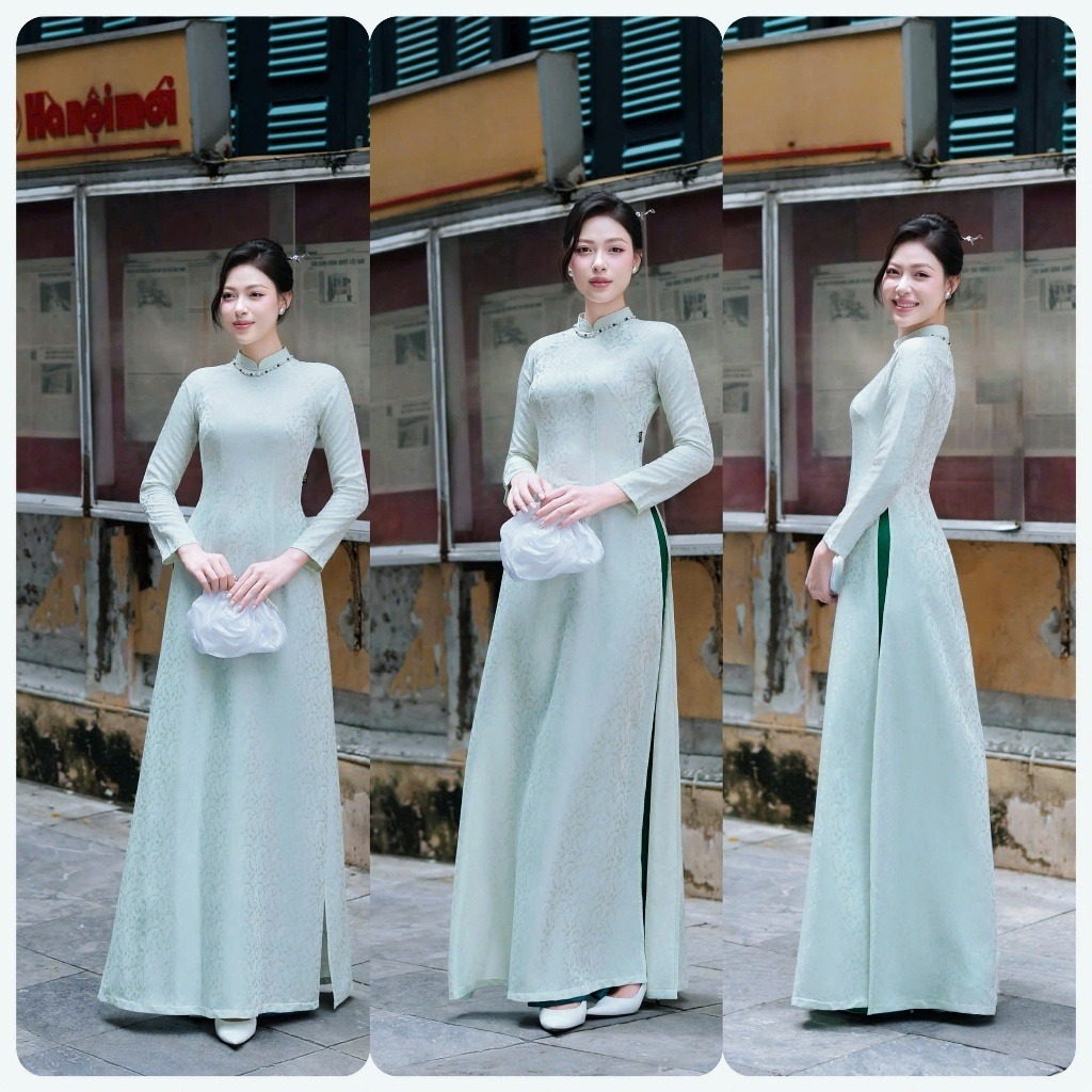 Áo Dài Nữ Dáng Ôm Cao Cổ Dài Tay Truyền Thống Tôn Dáng + Quần Dài Ống Rộng Lễ Tết Ăn Hỏi Cưới T1488G