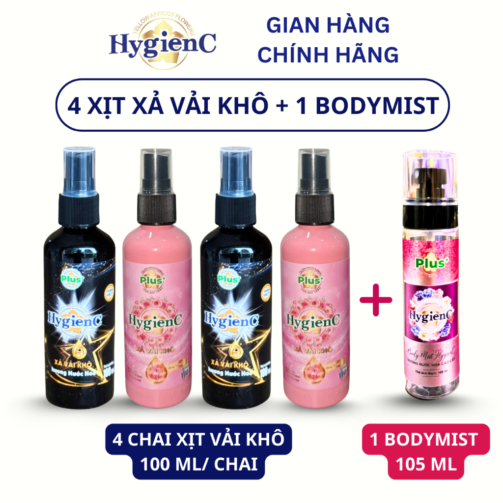 Combo 5: 4 Chai Xịt Vải Khô 100 ML + 1 Chai Xịt Cơ Thể Bodymist 105 ML (Thương Hiệu Hygienc Plus)