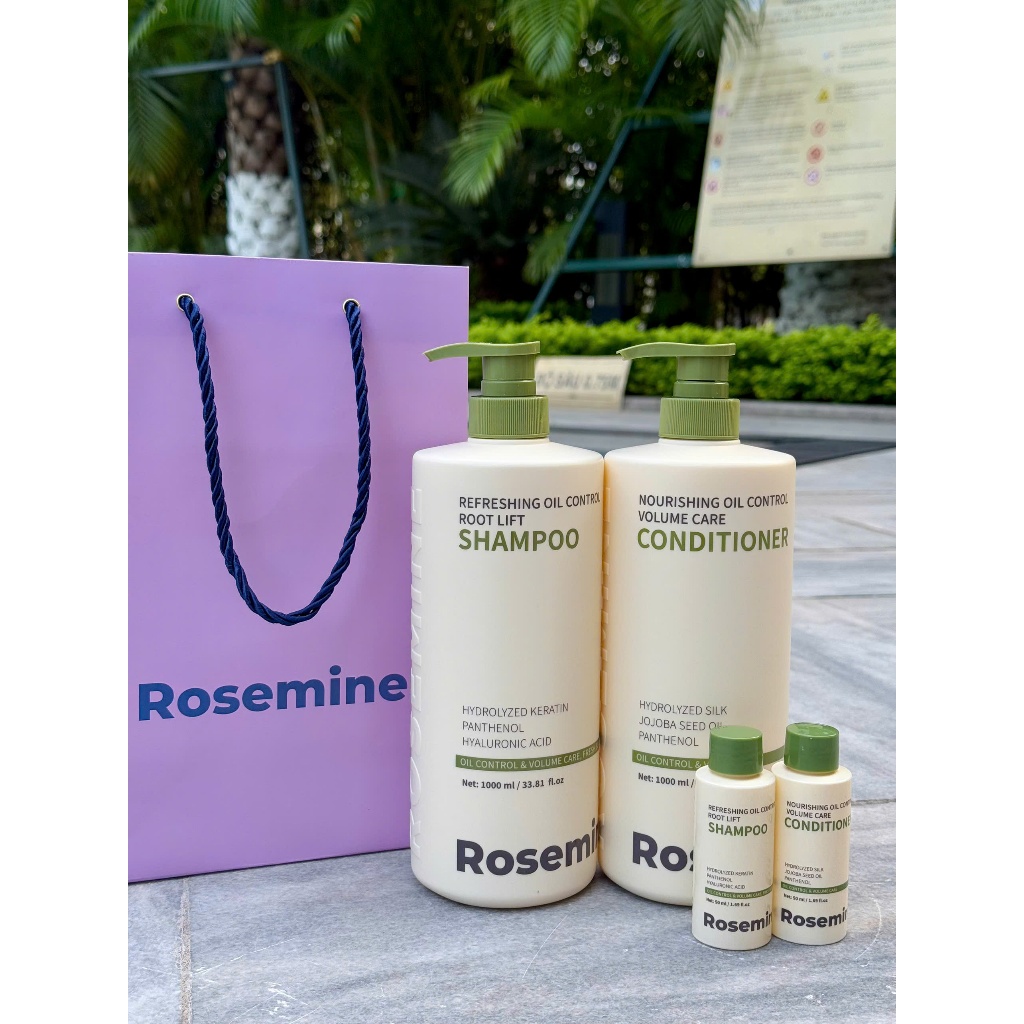 Q61_ Combo gội xả Rosemine oil control 1000ml (chai be nắp xanh lá) + tặng kèm set gội xả mini 50ml
