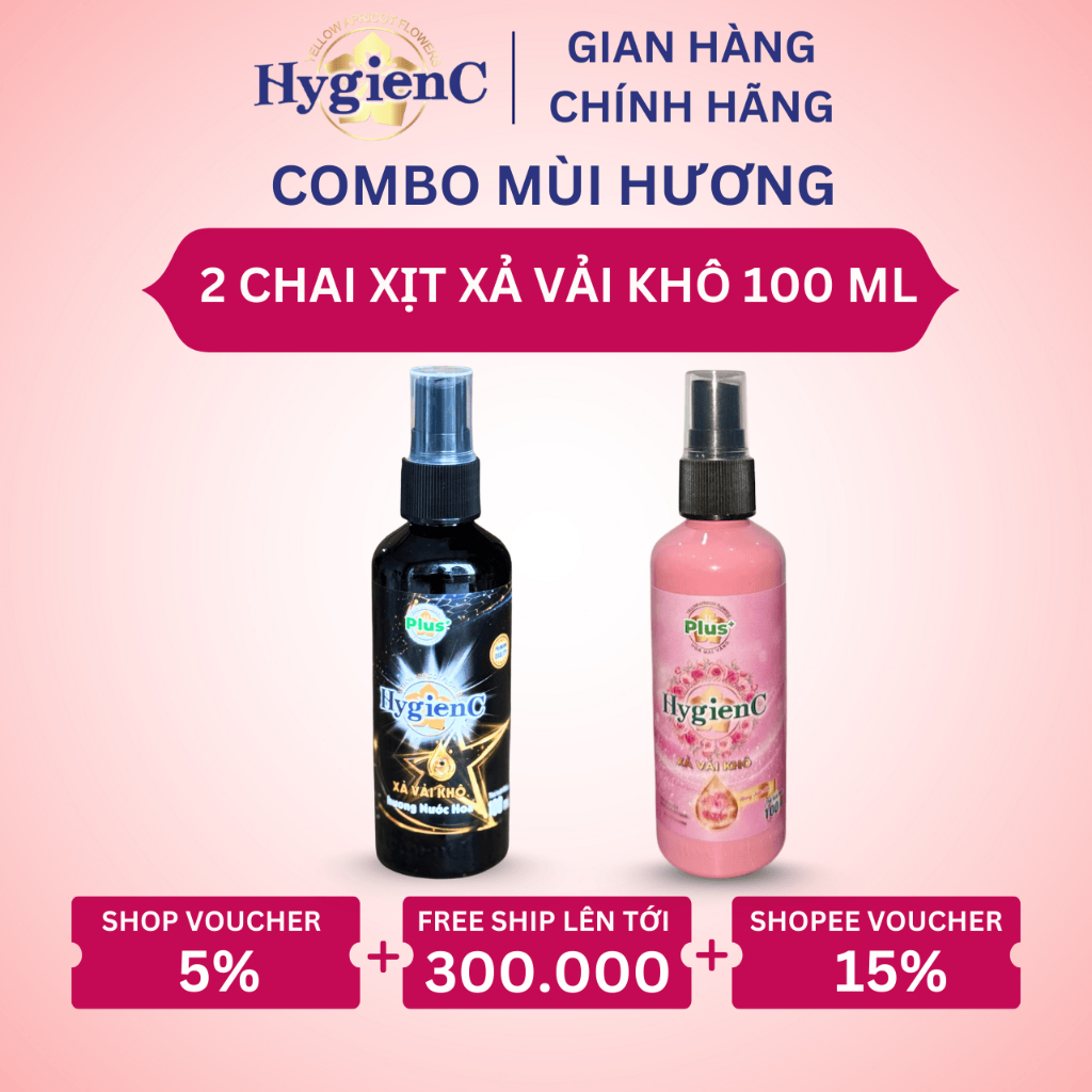 Combo 2 Chai Xịt Thơm Vải HygienC Plus 100 ML/Chai (1 Hương Hoa Hồng + 1 Hương Hoa Mẫu Đơn)