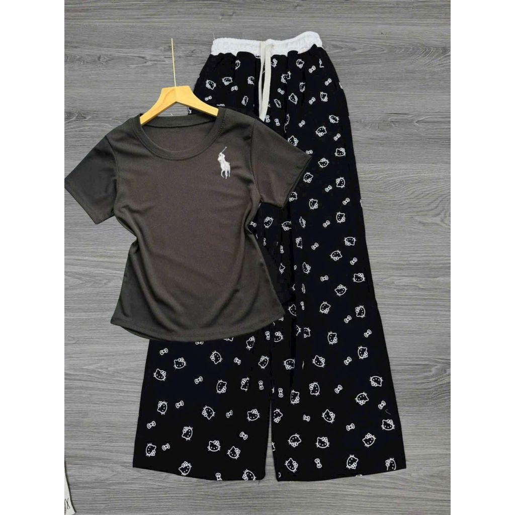 Sét Bộ Quần Dài Mèo Cạp Trắng Mix Áo Thun Babytee In Huơu ,Ngựa Giả Thêu Siêu Sắc Nét