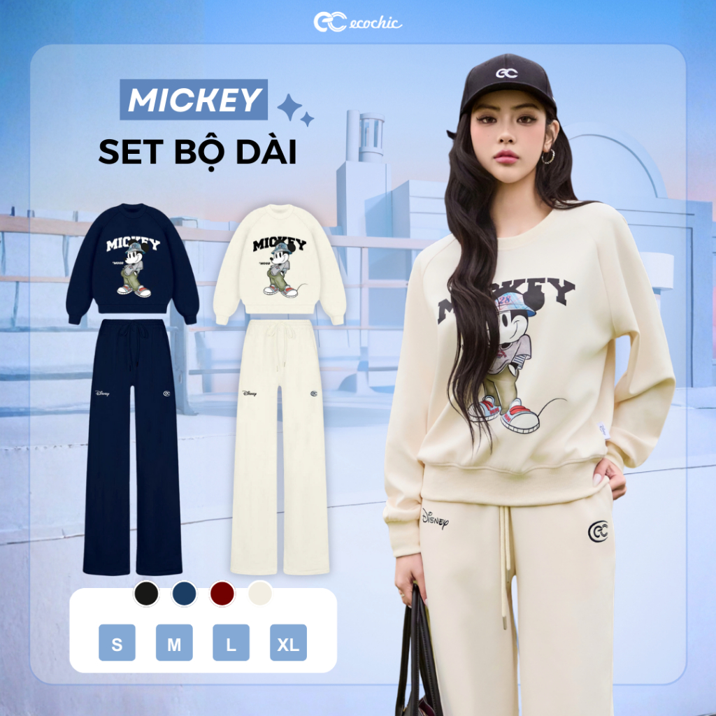 Set bộ Mickey ECOCHIC Áo Sweater Quần Ống Suông Dài Chất Liệu Cao Cấp SD004