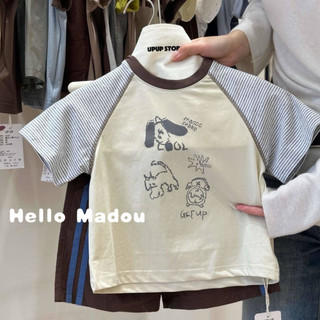 Áo thun cotton ngắn tay phối kẻ sọc cho bé trai bé gái
