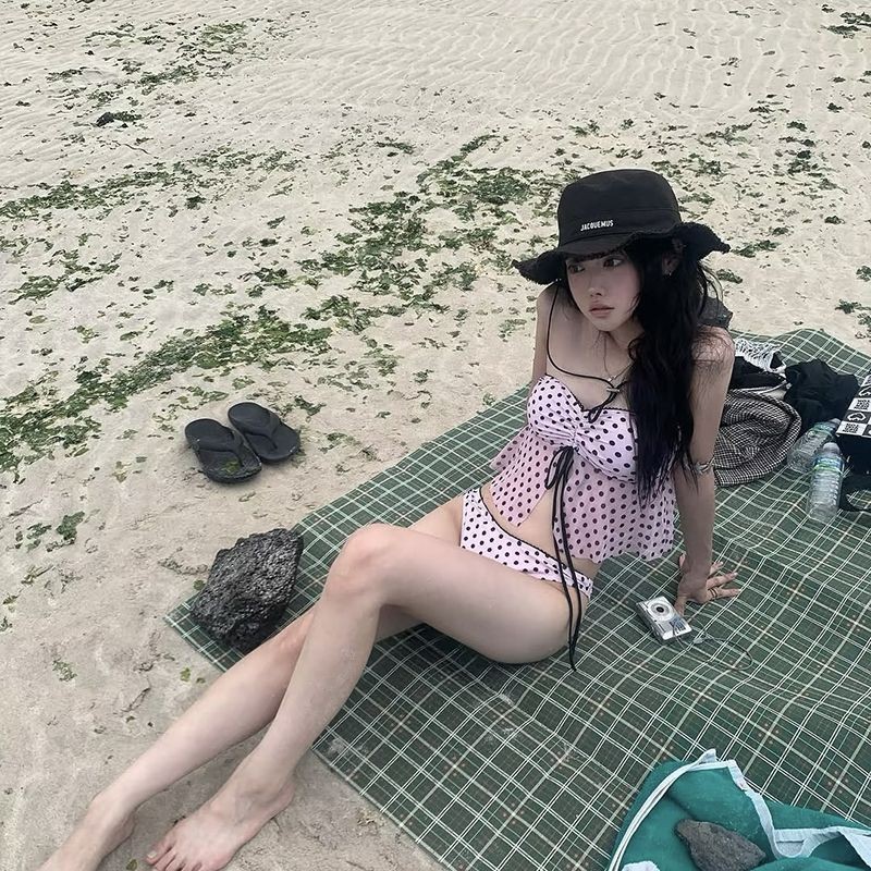 [SẴN] 2Soonsumff Bikini 2 mảnh áo babydoll buộc dây họa tiết chấm bi phong cách vintage bộ đồ bơi cao cấp nữ