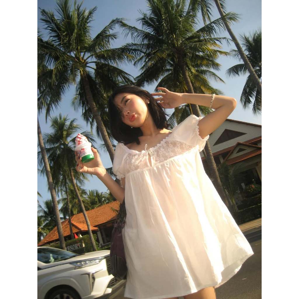 [SẴN] ONESOON Đầm babydoll dáng ngắn xòe trễ vai cổ phối ren, tay ngắn bồng kèm quần bí lưng chun ngọt ngào nữ
