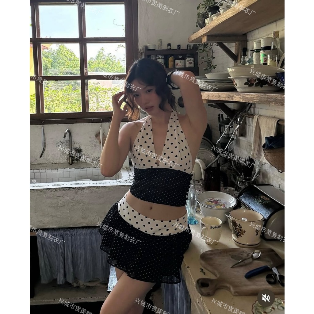 ONESOON Bikini 2 mảnh áo yếm cổ V buộc dây kèm chân váy họa tiết chấm bi, bộ đồ bơi cao cấp nữ