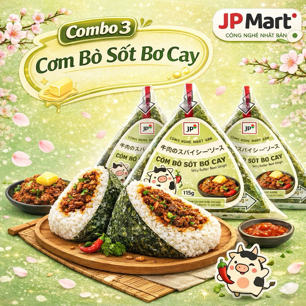 [Hoả Tốc] COMBO - Cơm Thịt Bò Sốt Bơ Cay Tam Giác 115g (Bộ Lục Vị) - Cơm nắm JP - JP Mart