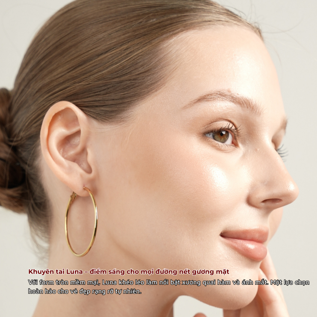 Khuyên tai mạ vàng, bông tai titan LUNA EARRINGS Lộc Tụ Các thanh lịch, tôn vinh đường nét khuân mặt KT001
