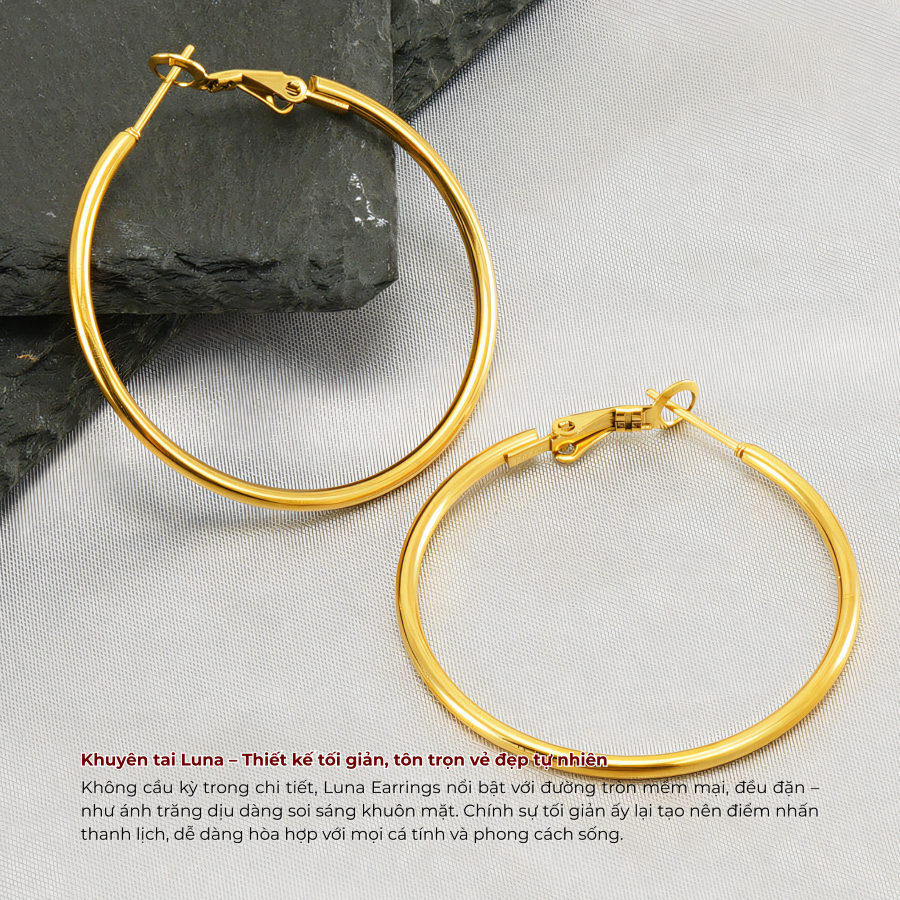 Khuyên tai mạ vàng, bông tai titan LUNA EARRINGS Lộc Tụ Các thanh lịch, tôn vinh đường nét khuân mặt KT001