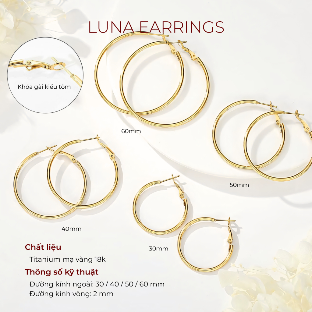Khuyên tai mạ vàng, bông tai titan LUNA EARRINGS Lộc Tụ Các thanh lịch, tôn vinh đường nét khuân mặt KT001