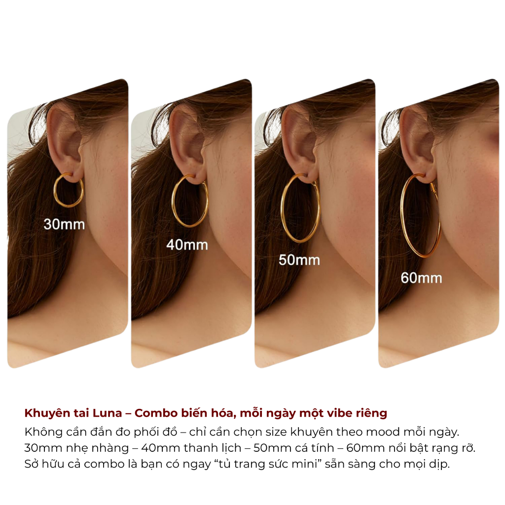 Khuyên tai mạ vàng, bông tai titan LUNA EARRINGS Lộc Tụ Các thanh lịch, tôn vinh đường nét khuân mặt KT001