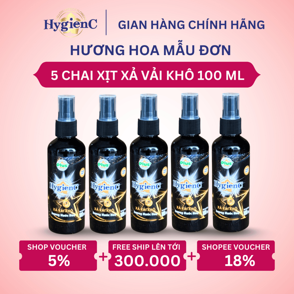Combo 5 Chai Xịt Xả Vải Khô HygienC Plus 100ML/ Chai - Hương Hoa Mẫu Đơn (Quyến Rũ)