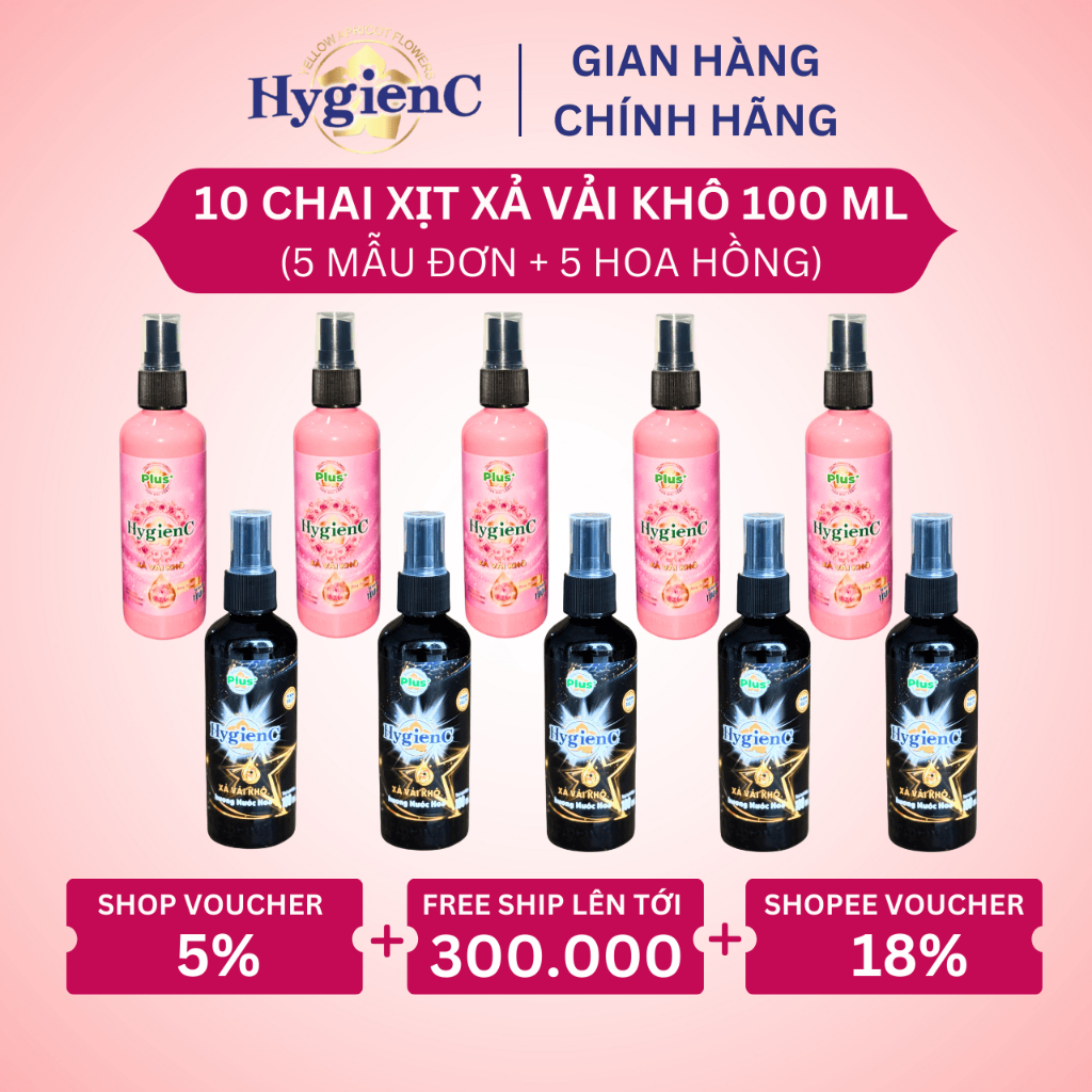 Combo 10 Chai Xịt Xả Thơm Vải HygienC 100 ML/ Chai Tiện Lợi (5 Hương Mẫu Đơn + 5 Hương Hoa Hồng)
