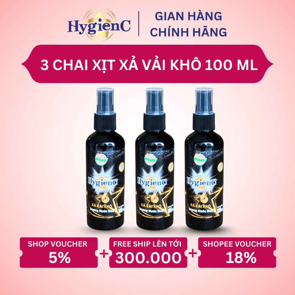 Combo 3 Chai Xịt Xả Thơm Quần Áo HygienC Plus 100 ML/ Chai - Hương Hoa Mẫu Đơn (Quyến Rũ)