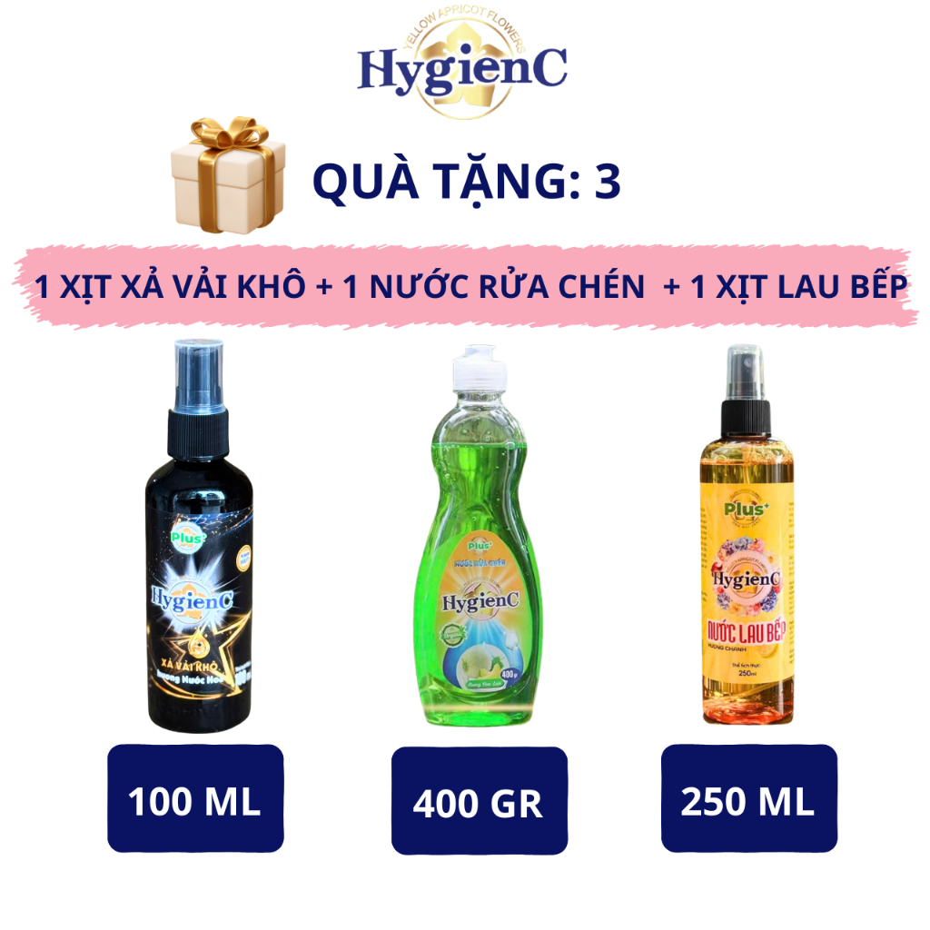 Bộ 3 Sản Phẩm Hygienc Plus: 1 Xịt Vải Khô 100ml + 1 Nước Rửa Chén 400ml + 1 Xịt Lau Bếp 250ml