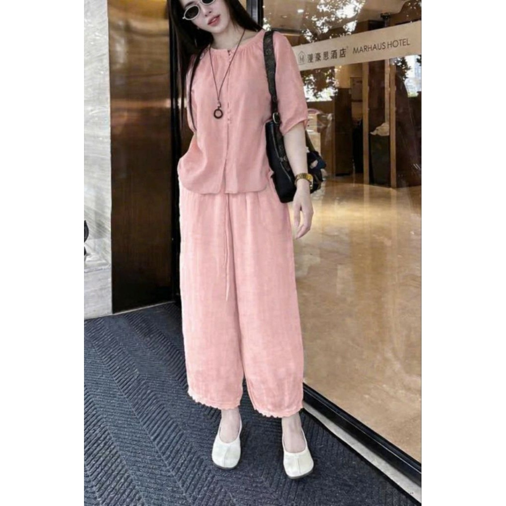 46-75kg. Bộ đũi nữ, đồ bộ nữ áo tay lở, quần dài, chất đũi tơ xước mềm mát, nhiều size