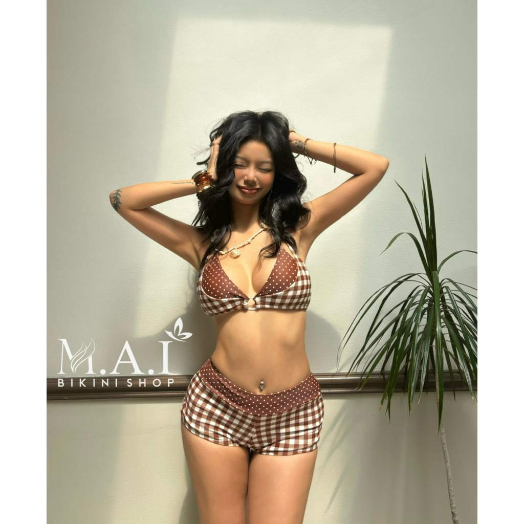 𝗠𝗔𝗜 𝗕𝗜𝗞𝗜𝗡𝗜 •CÓ SẴN HN• Sét Bikini 2 Mảnh Áo Khoen Quần Đùi,Hoạ Tiết Chấm Bi Phối Caro Nâu Cho Nữ