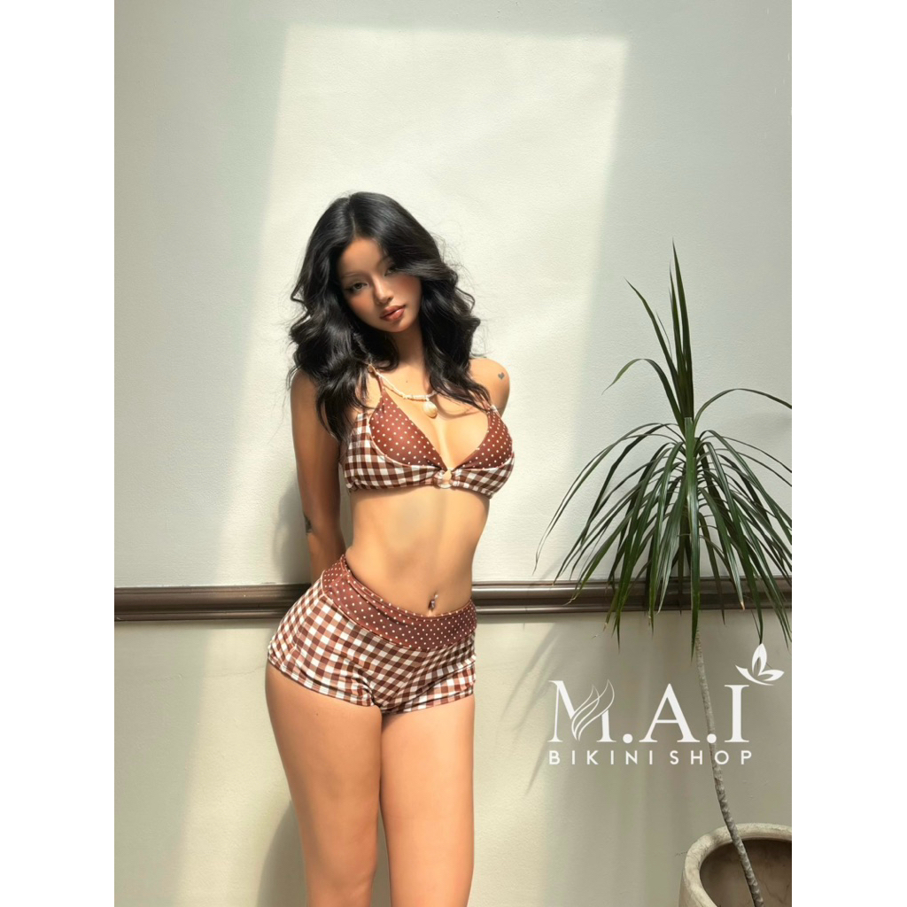 𝗠𝗔𝗜 𝗕𝗜𝗞𝗜𝗡𝗜 •CÓ SẴN HN• Sét Bikini 2 Mảnh Áo Khoen Quần Đùi,Hoạ Tiết Chấm Bi Phối Caro Nâu Cho Nữ