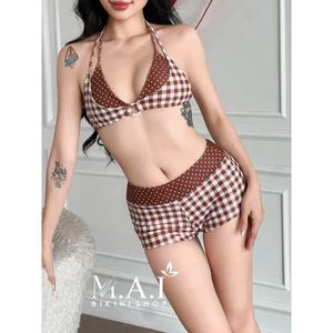 𝗠𝗔𝗜 𝗕𝗜𝗞𝗜𝗡𝗜 •CÓ SẴN HN• Sét Bikini 2 Mảnh Áo Khoen Quần Đùi,Hoạ Tiết Chấm Bi Phối Caro Nâu Cho Nữ
