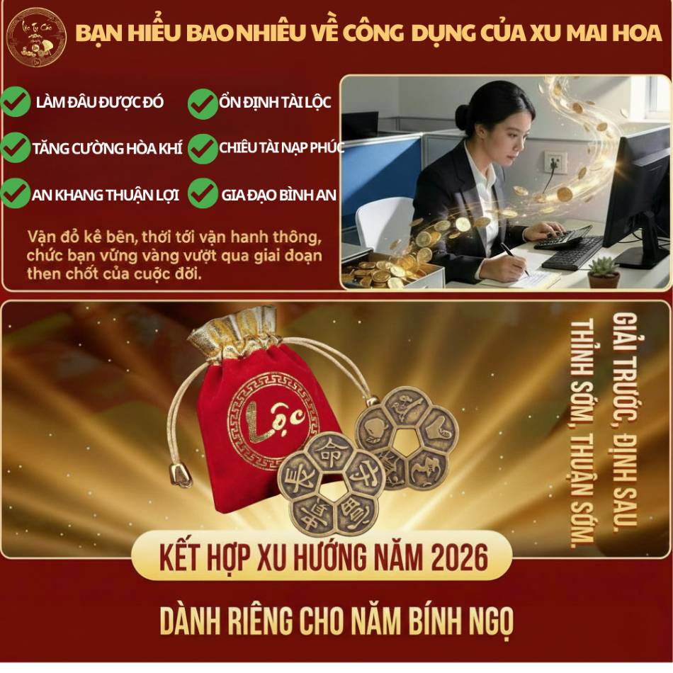 Xu hoa mai phong thủy, đồng xu chiêu tài (ĐÃ THỈNH) đặt trong ví, két sắt, bàn làm việc cầu tài vận, sự hanh thông