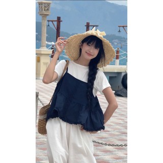 Set áo nữ babydoll phối bèo gồm á 2 dây và áo trắng