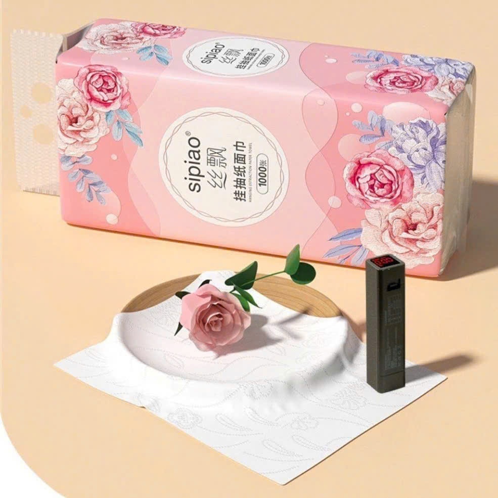 Thùng 10 Bịch Giấy Treo Đa Năng SIPIAO Hoa Mẫu Đơn, Giấy Vệ Sinh Treo Trường 4 Lớp ( 1000 tờ )
