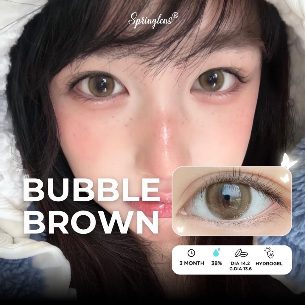 Kính áp tròng nâu trà Bubble Brown viền nhẹ có giãn tròng 3 tháng 0-7 độ | Spring Lens